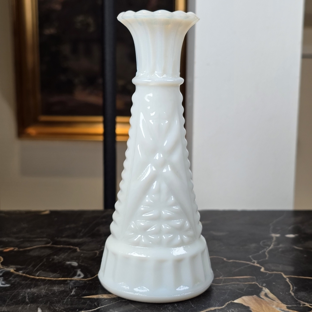 Geometric Milk Glass Bud Vase 6" Vintage Mid-Century White Decor Scalloped Rim